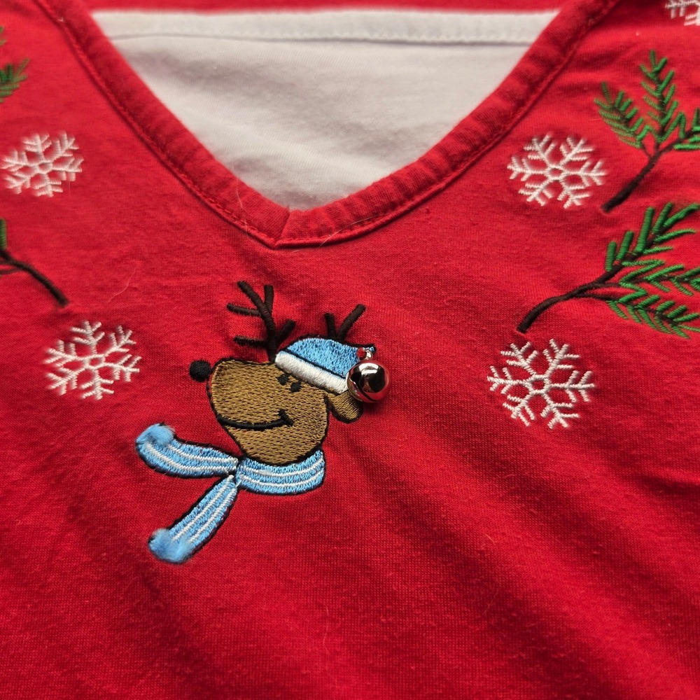 Womens Red Reindeer Holiday Top V-Neck 3/4 Sleeve Plus Size 2X Christmas Shirt